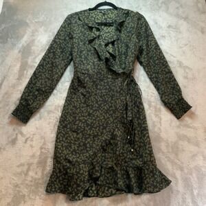 Vero Moda Green Abstract Print Ruffle Wrap Dress Long Sleeve Smocked Cuff Medium